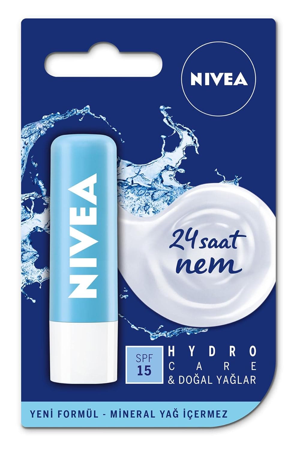NIVEA Hydro Care Dudak Bakım Kremi, 24 Saat Nem, Aloe Vera, Saf Su ve Doğal Yağlar, SPF 15, Gün Boyu Dudak Bakımı (4,8g)