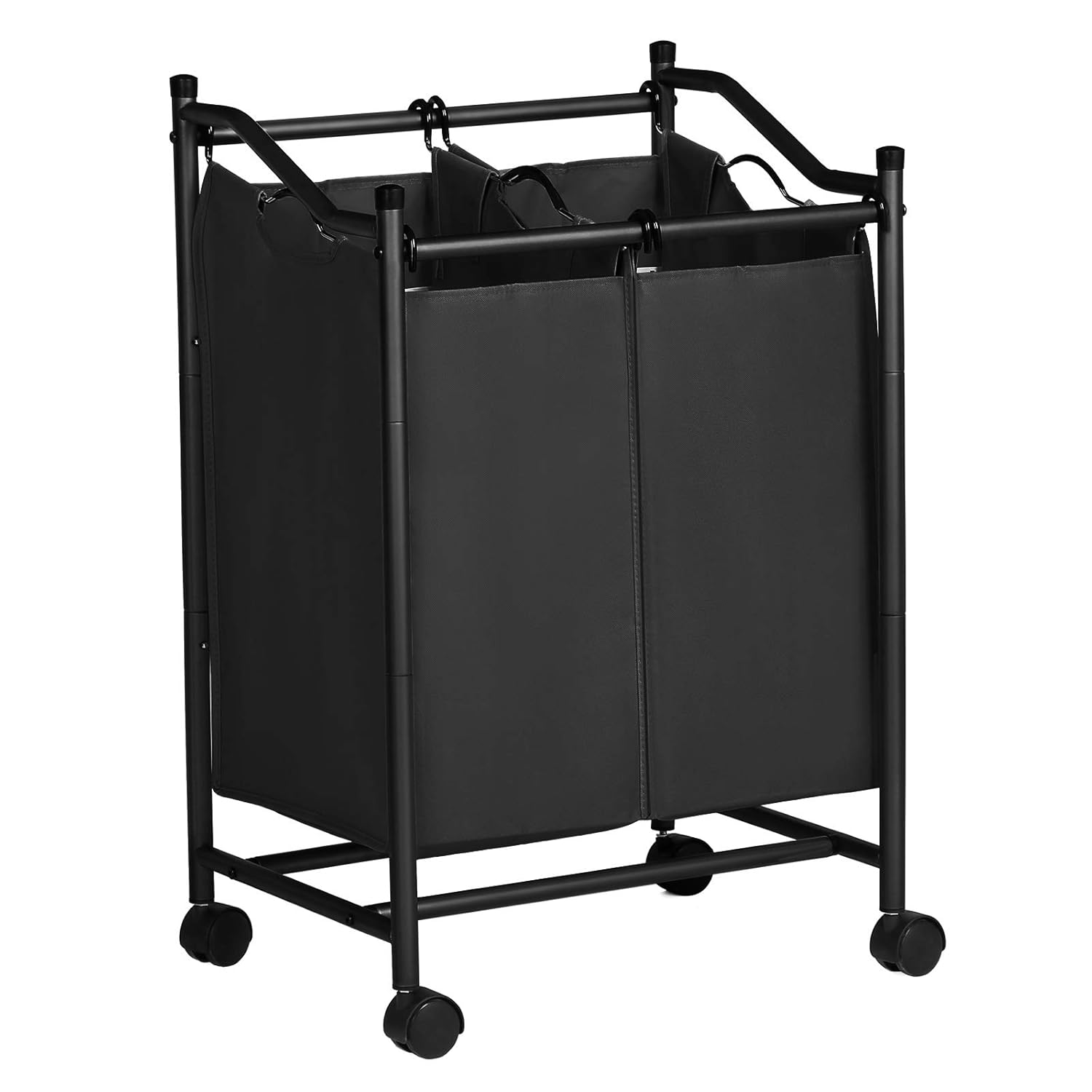 SONGMICS çamaşır ayırıcı, tekerlekli ve 2 bölmeli, çamaşır sepeti, çıkarılabilir çantalı çamaşır arabası, toplam kapasite 90 l, siyah, LSF002BK