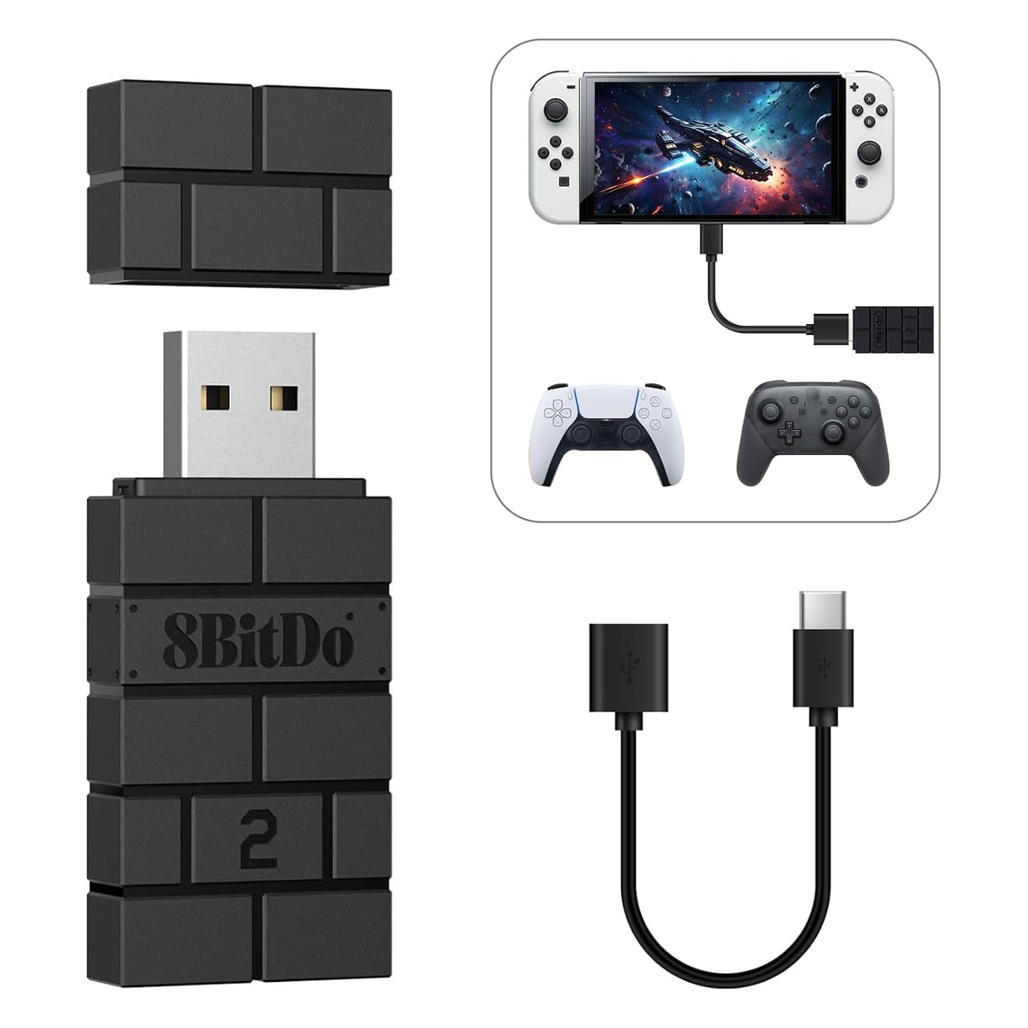 8Bitdo Kablosuz USB Adaptörü 2, Xbox Series, Joycons, Switch Pro, PS5, PS4, PS4 Pro, PS3 on Switch için Bluetooth Anahtar Denetleyicileri Adaptörü, PC, Android, Raspberry Pi, Retrofreak (Siyah)