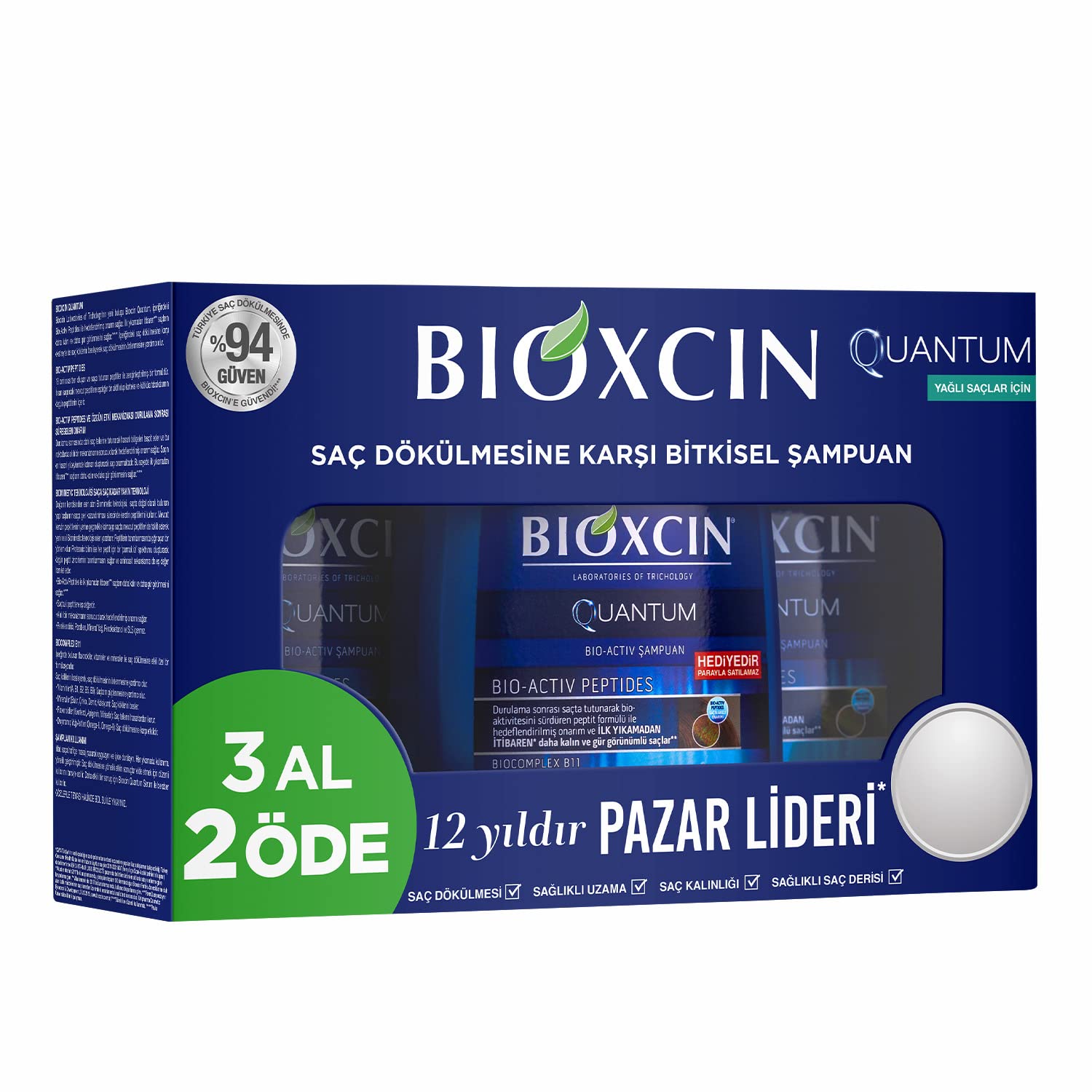 Bioxcin Quantum Şampuan 3 x 300 ml – Yağlı Saçlar İçin Sebum Dengeleyici ve Saç Dökülmesine Karşı Etkili Şampuan (3 Al 2 Öde Set)