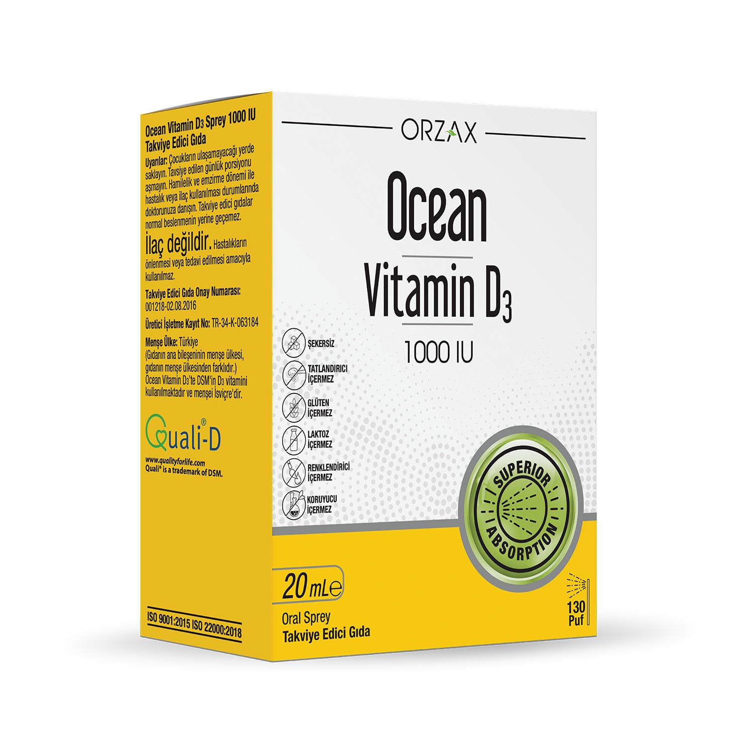 Ocean Vitamin D3 1000 IU 20 ml Sprey 130 Puff, Takviye Edici Gıda