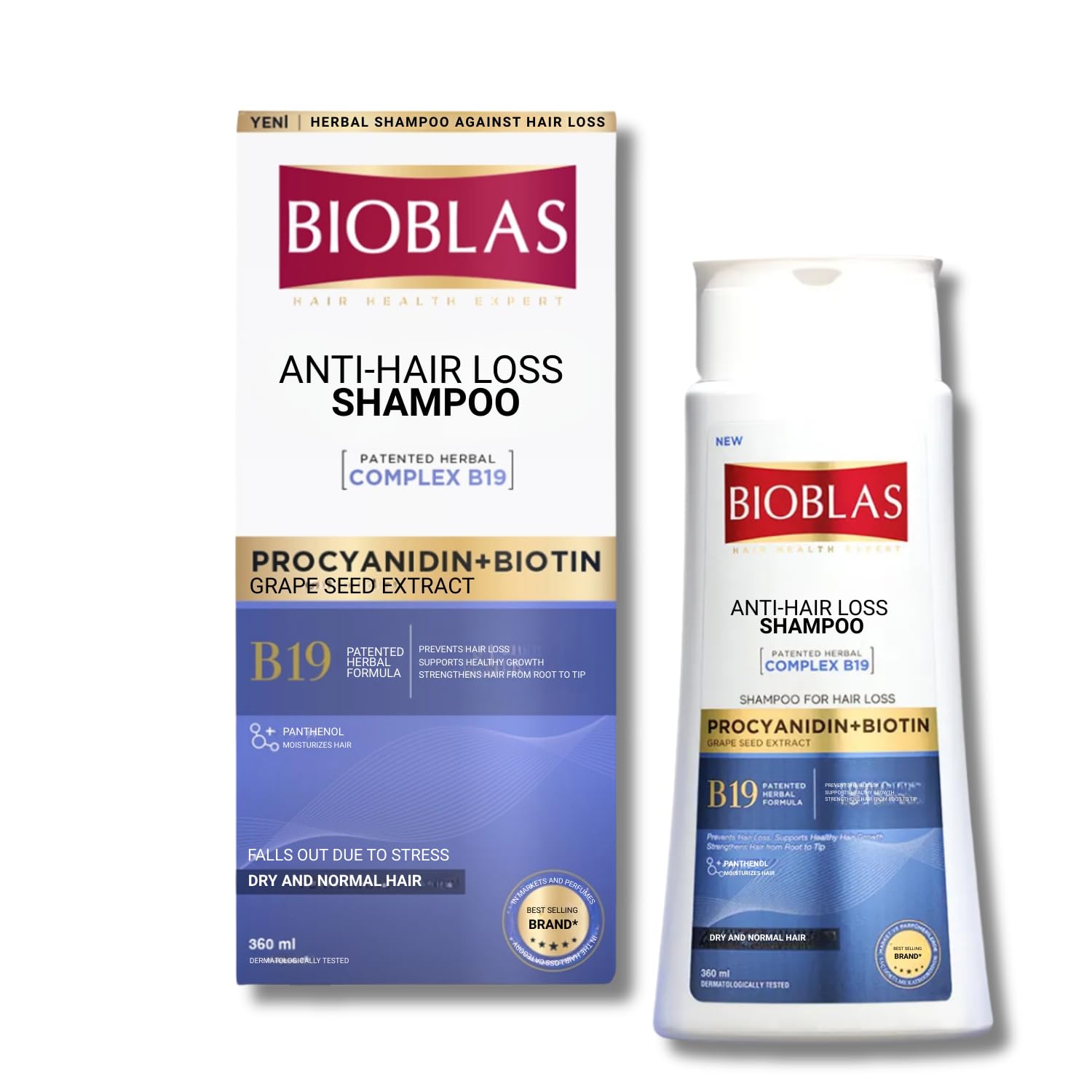 Bioblas Procyanidin & Biotin Saç Dökülmesine Karşı Anti-Stres Şampuan – Bitkisel Kompleks B19, Parabensiz, Tüm Saç Tipleri, 360 ml