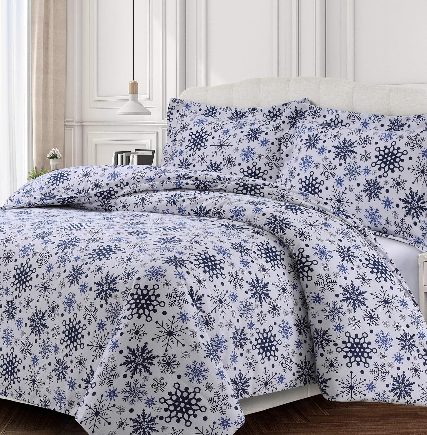 Tribeca Living Nevresim Takımı,%100 Pamuk Flanel, Kar Taneleri, Queen