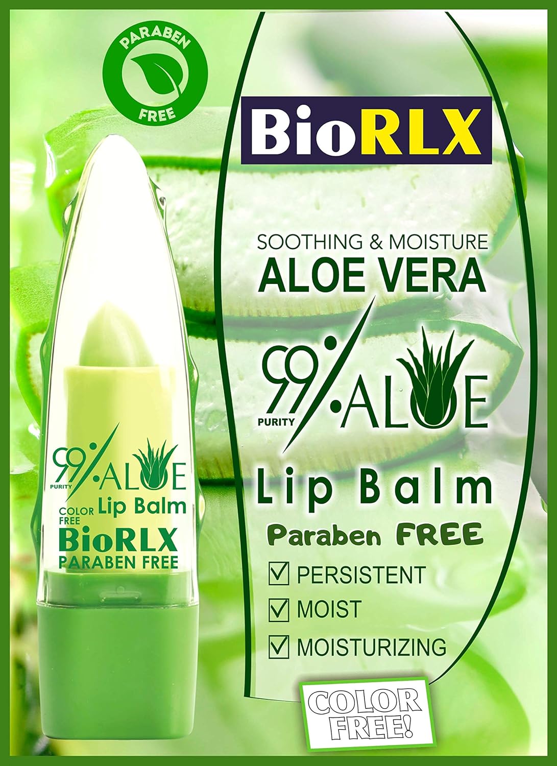Biorlx 99% Purity Aloe Vera Color Free and Paraben Free Soothing Lip Balm Naturally Moisturize and Heal Damaging Wind, Harsh Sun, Weather Changes. It Repairs Dry, Cracked and Chapped Lips.