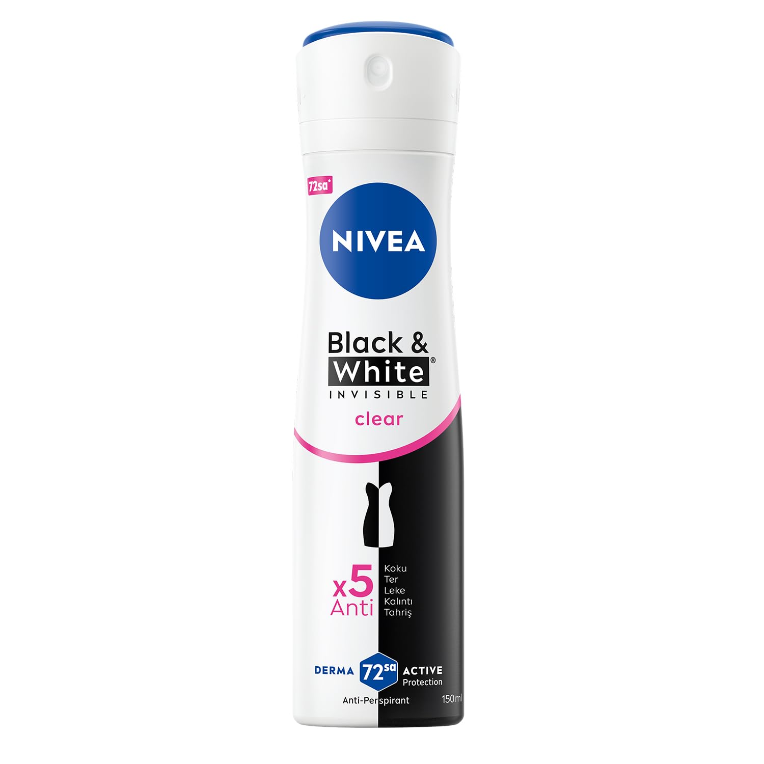 NIVEA Kadın Sprey Deodorant Black&White Invisible Clear 150 ml,72 Saat Terleme ve Ter Kokusuna Karşı Anti Perspirant Koruma, Çiçek Kokusu,Kıyafetlerde Leke Karşıtı, Alkol İçermez
