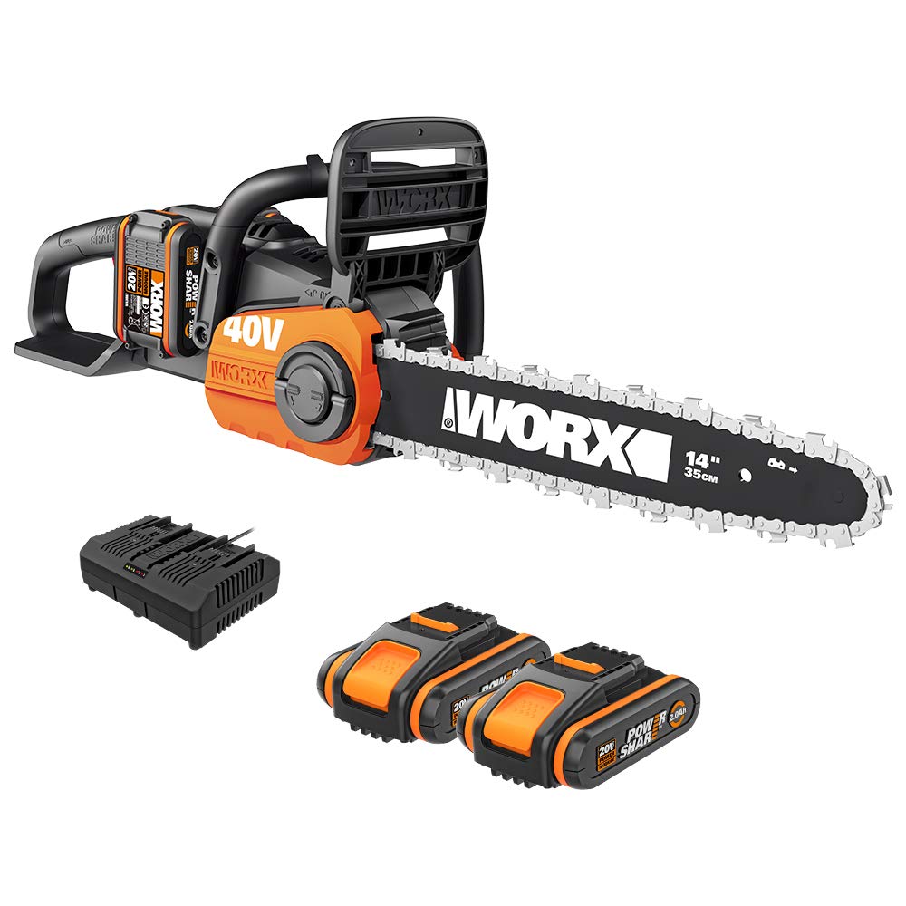 Worx 40 V akülü zincirli testere WG384E, 2 x 2,0 Ah, Powershare, fırçasız motor, aletsiz zincir germ