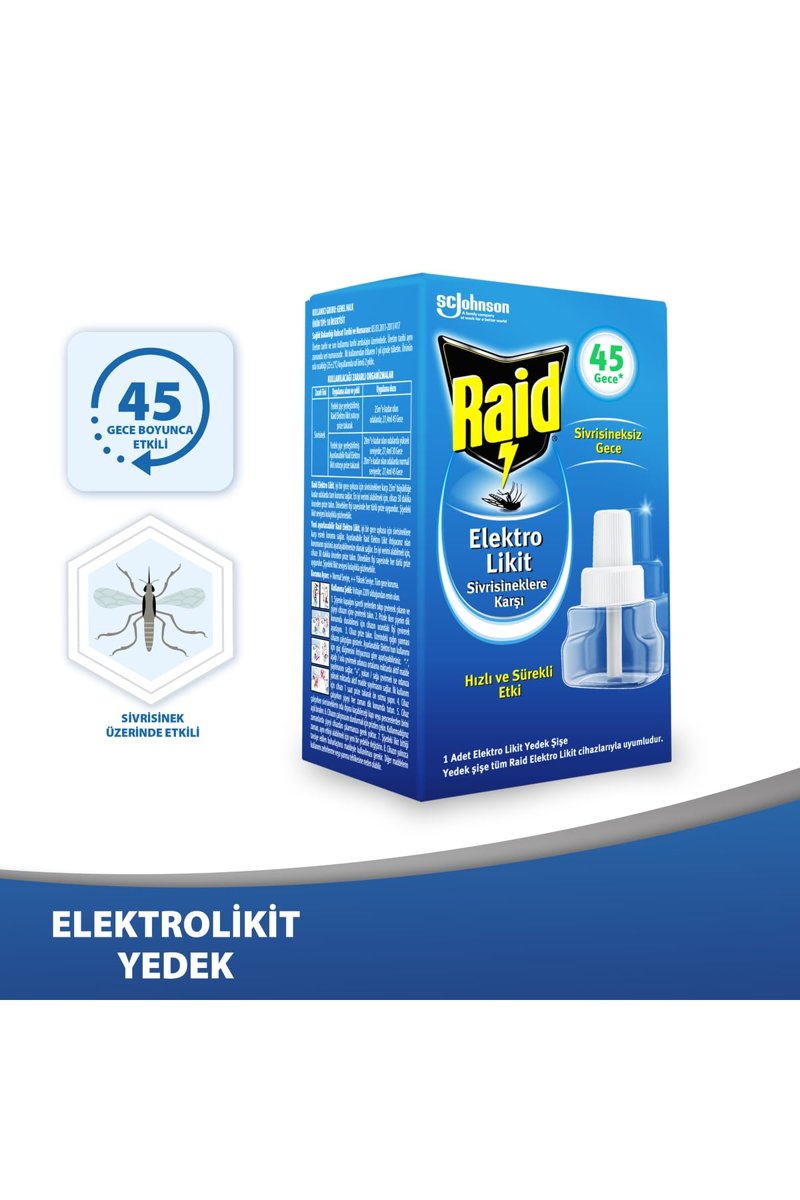 Raid Elektro Likit Sivrisineklere Karşı Hızlı ve Sürekli 45 Gece Etkili 1 Adet Elektro Likit Yedek Şişe