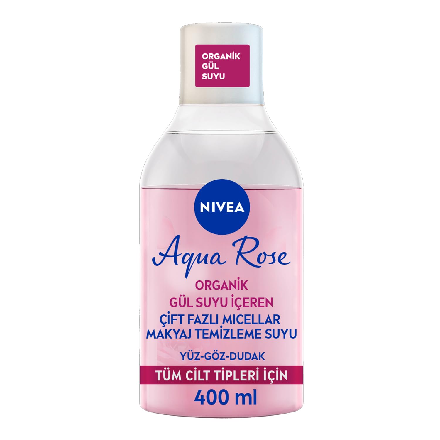 NIVEA Aqua Rose Organik Gül Suyu İçeren Çift Fazlı Makyaj Temizleme Suyu, 400 ml, Tüm Cilt Tipleri için, Yüz, Göz ve Dudak Temizleme, Tonik Etkisi