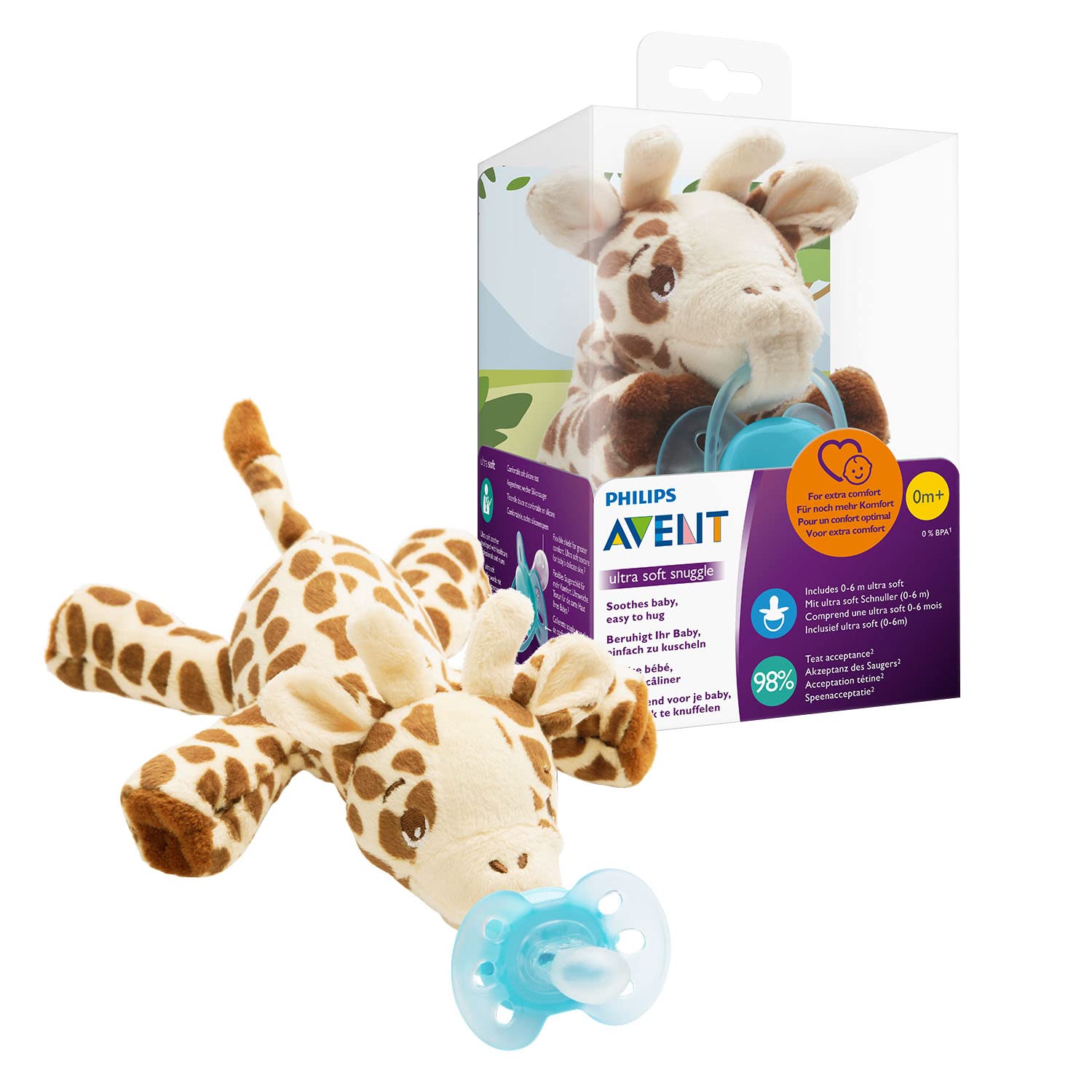 Philips Avent Snuggle Giraffe SCF348/11, Kuscheltier mit Schnuller ultra soft, perfektes Geschenk für Neugeborene und Babys, Schnullertier