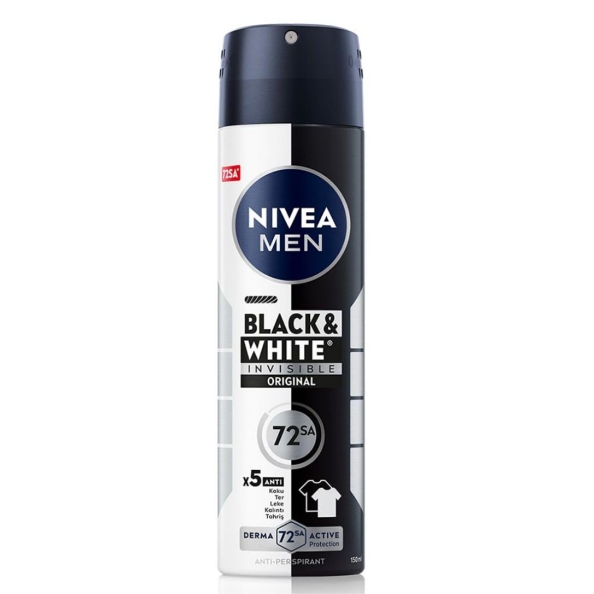 NIVEA MEN Erkek Sprey Deodorant Black&White Invisible Original 150 ml,72 Saat Anti-Perspirant Terleme ve Ter Kokusuna Karşı Koruma,Kıyafetlerde Leke Karşıtı,Erkeksi Koku,Etil Alkol İçermez