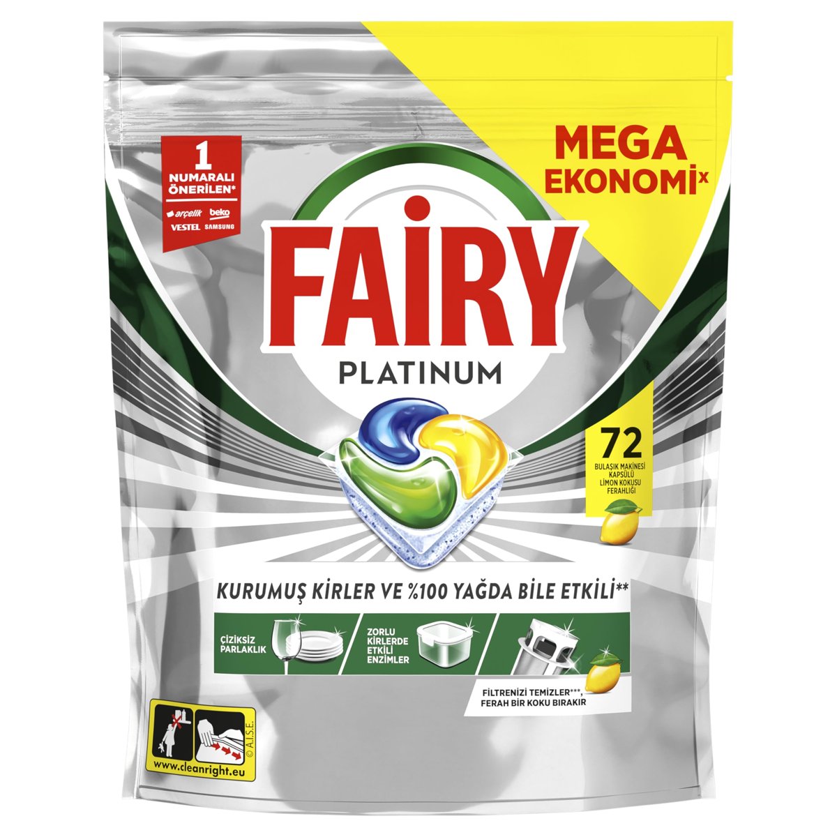 Fairy Platinum Bulaşık Makinesi Deterjanı Kapsülü/Tableti 72 Yıkama Limon Kokulu