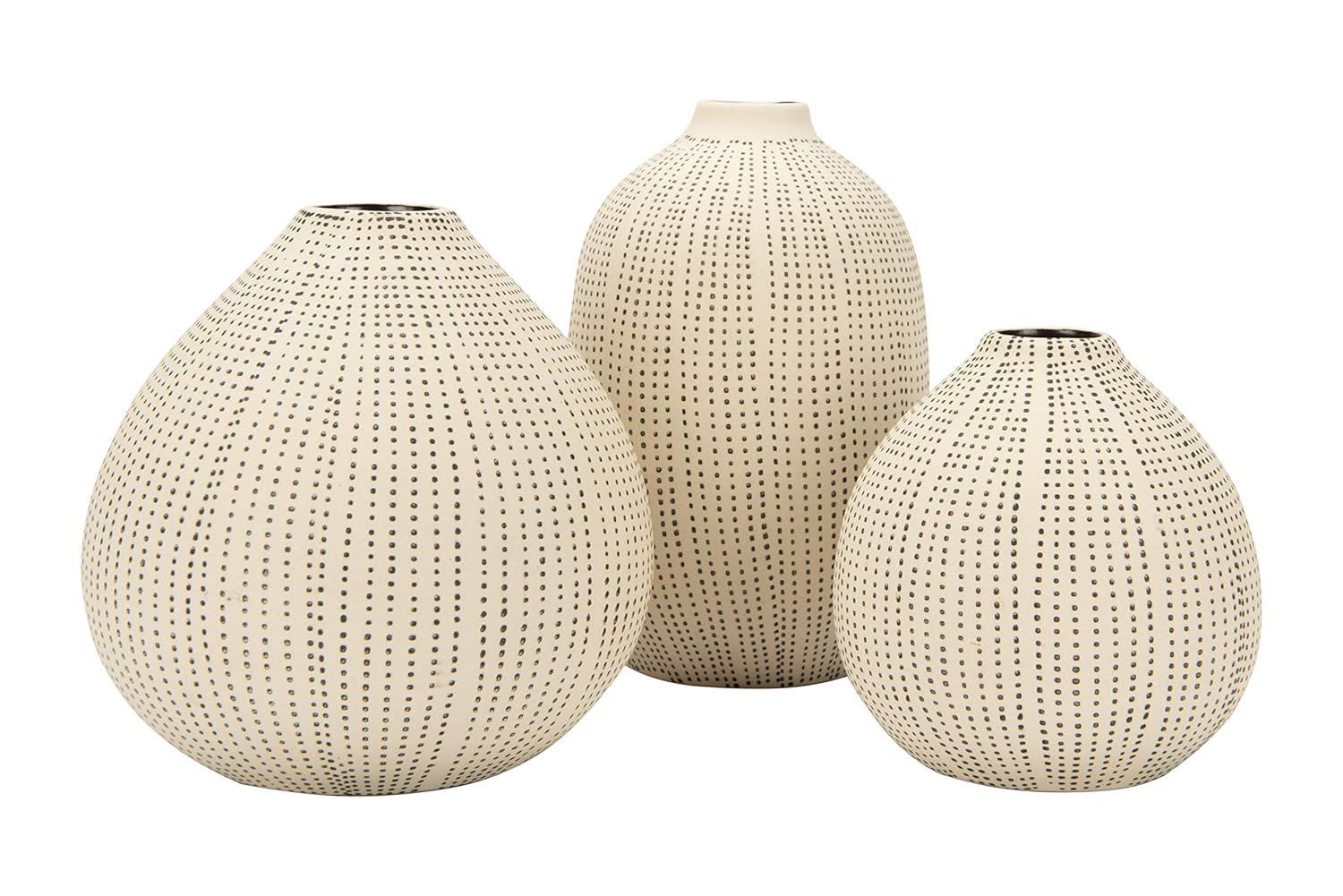 Creative Co-op DF0842 Beyaz Taş Desenli Siyah Puantiyeli (3'lü Set) Vazo