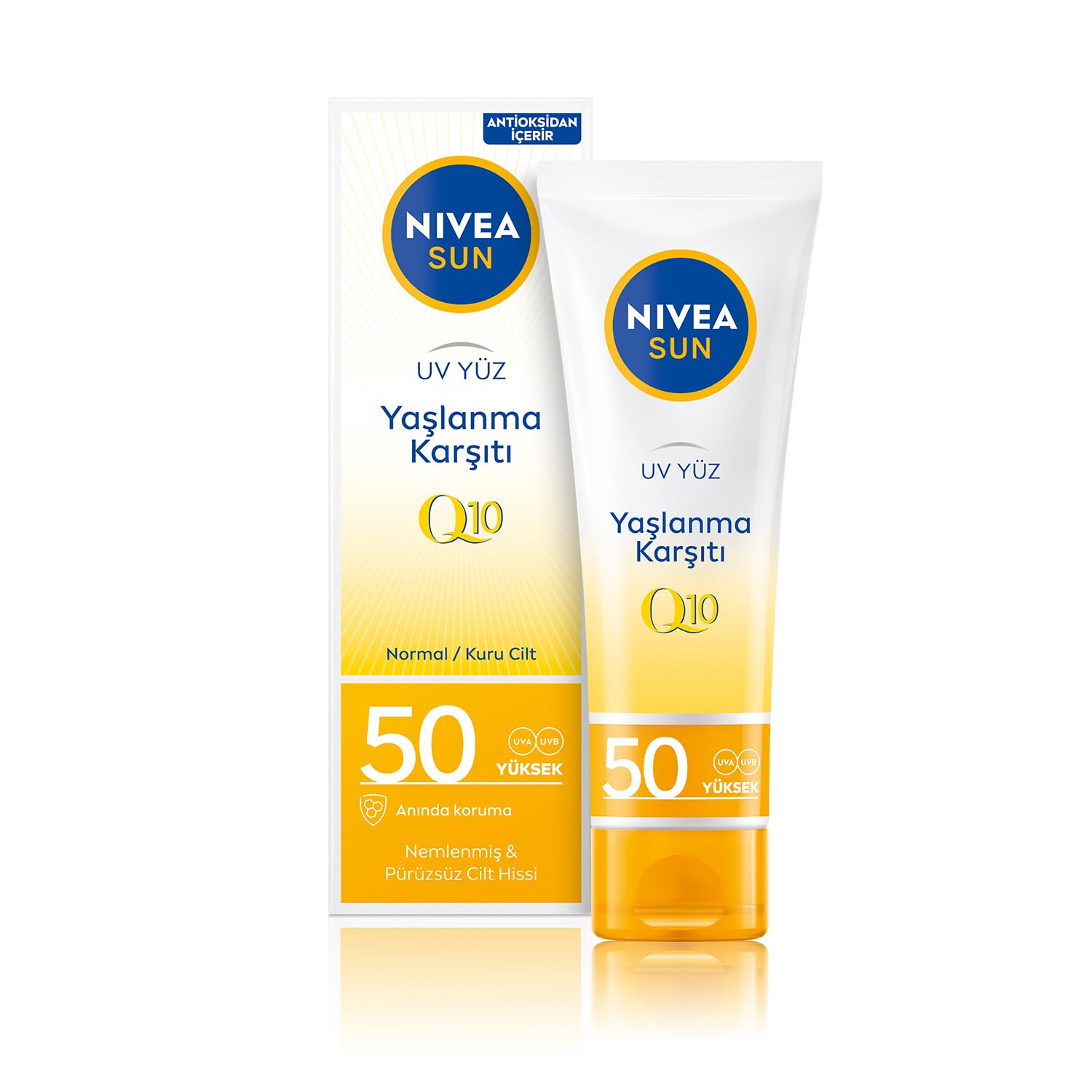 NIVEA SUN Yaşlanma ve Leke Karşıtı Q10 Yüz Güneş Kremi SPF50 50 ml, Nemlendirme, Normal ve Kuru Ciltler