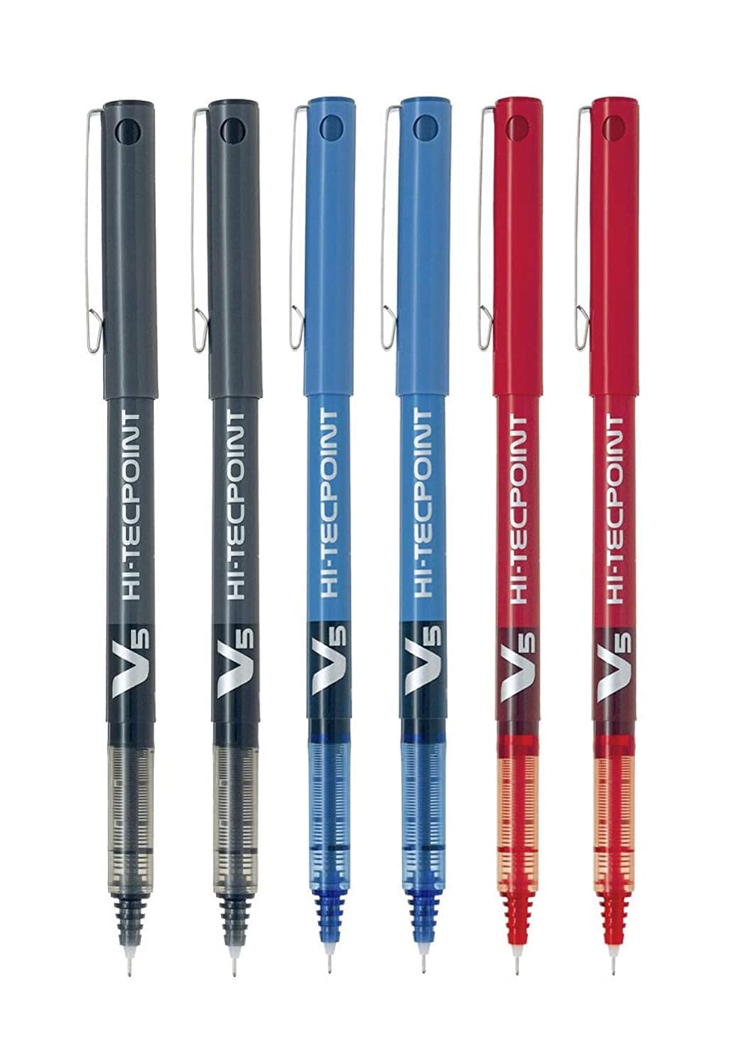 Pilot BX V5 çeşitli Hi-Tecpoint ekstra ince tükenmez kalem, 0,5 mm uç ucu 0,3 mm genişlik (6'lı paket) 2 mavi + 2 siyah + 2 kırmızı