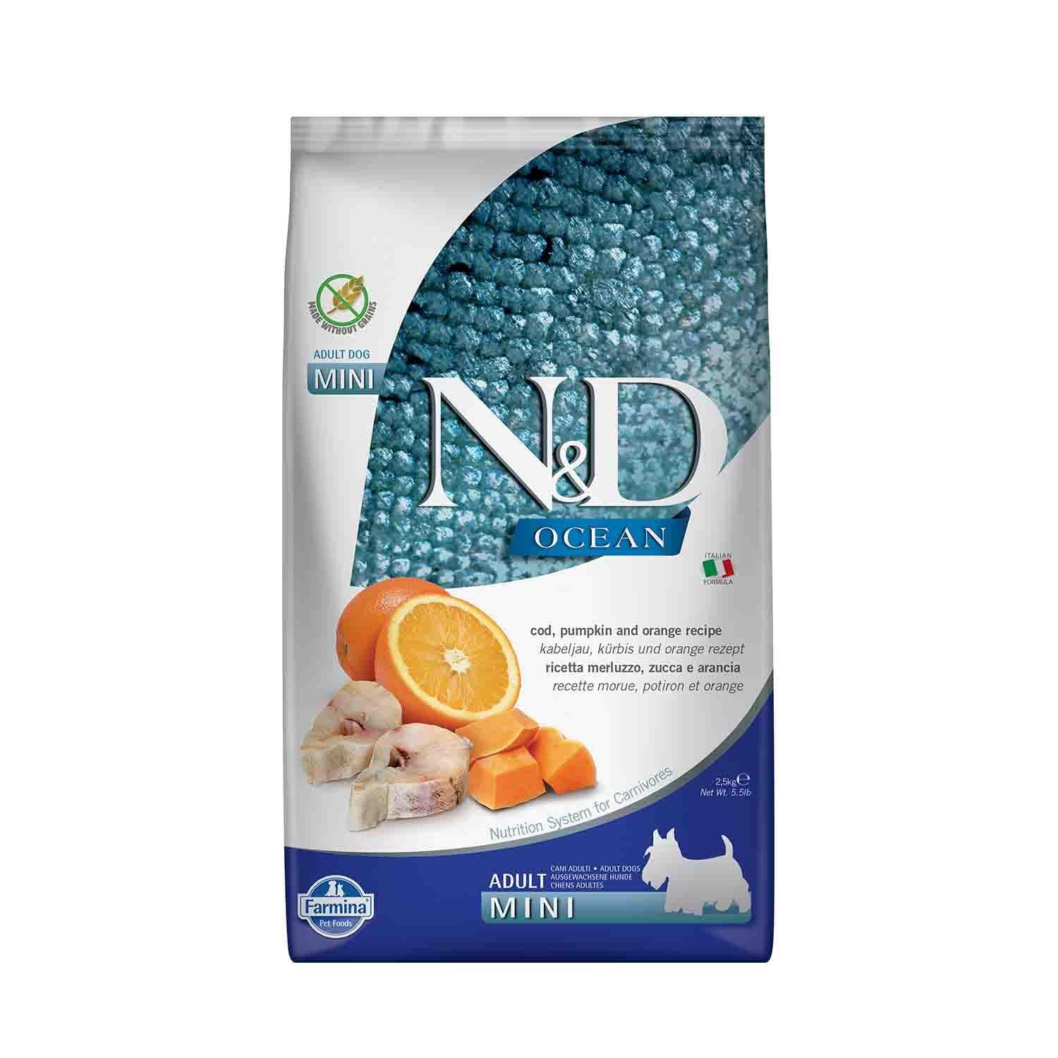 N&D Ocean Kuru Köpek Maması, Morina Balığı, Balkabağı & Portakallı, Yetişkin Mini, 2.5 kg