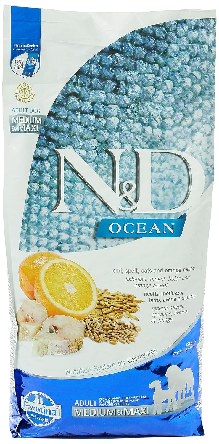 N&D Düşük Tahıllı Ocean Morina Balıklı Portakallı Yetişkin Köpek Maması 12 kg
