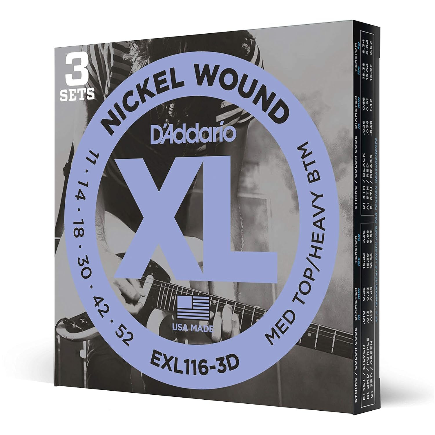 D'Addario EXL116 Nikel Sargı Elektrikli Gitar Teli, Orta Üst/Ağır Alt, 11-52, 3 Set (EXL116-3D)