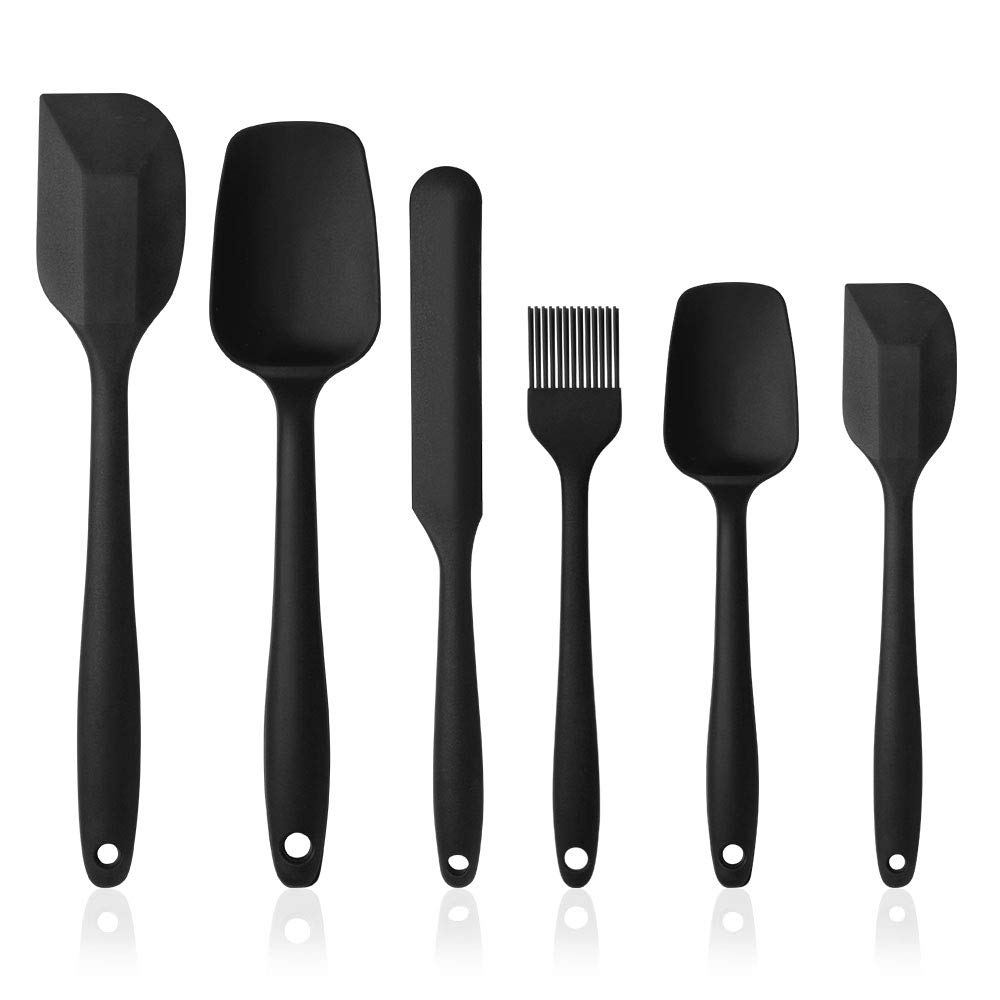 Vicloon Silikon mutfak yardımcısı, 6 adet silikon spatula, çorba kaşığı, fırın fırçası, spatula, ısıya dayanıklı ve yapışmaz, paslanmaz çelik ve dikişsiz tek parça tasarım (siyah)