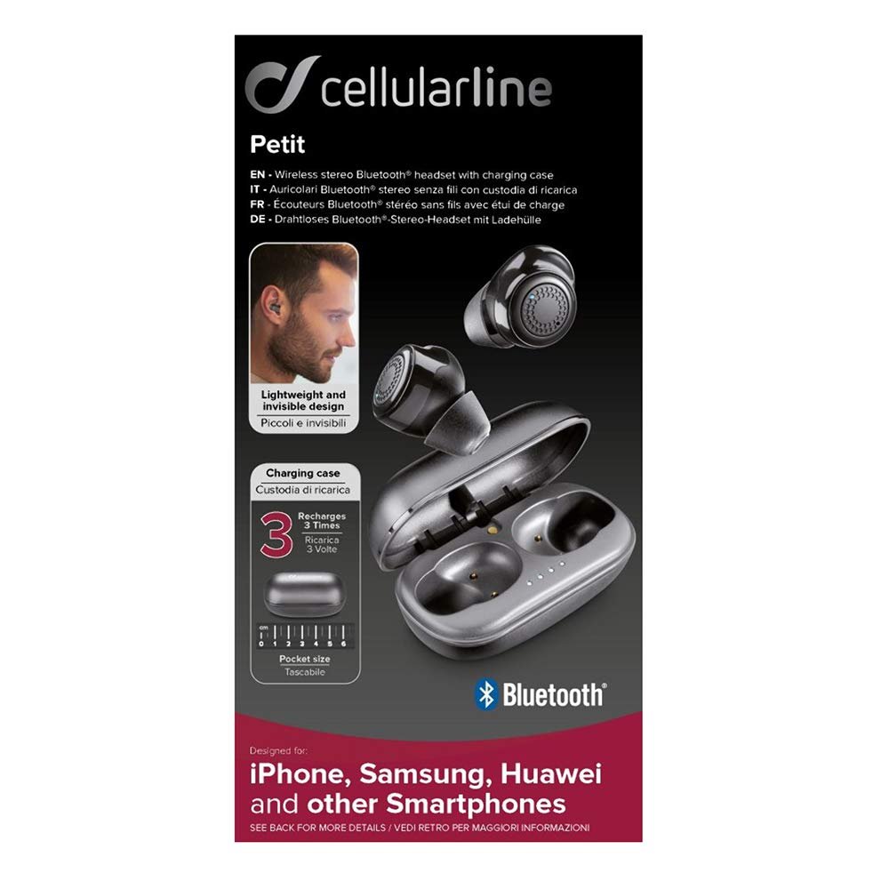 Cellularline Petit True Kablosuz Kulaklık Kulaklık, Taşınabilir Pil Şarj Cihazlı Bluetooth Kablosuz Kulak İçi Kulaklık, TWS, Dahili Mikrofon, Dokunmatik Kontrol, Siyah, BTPETITTWSK