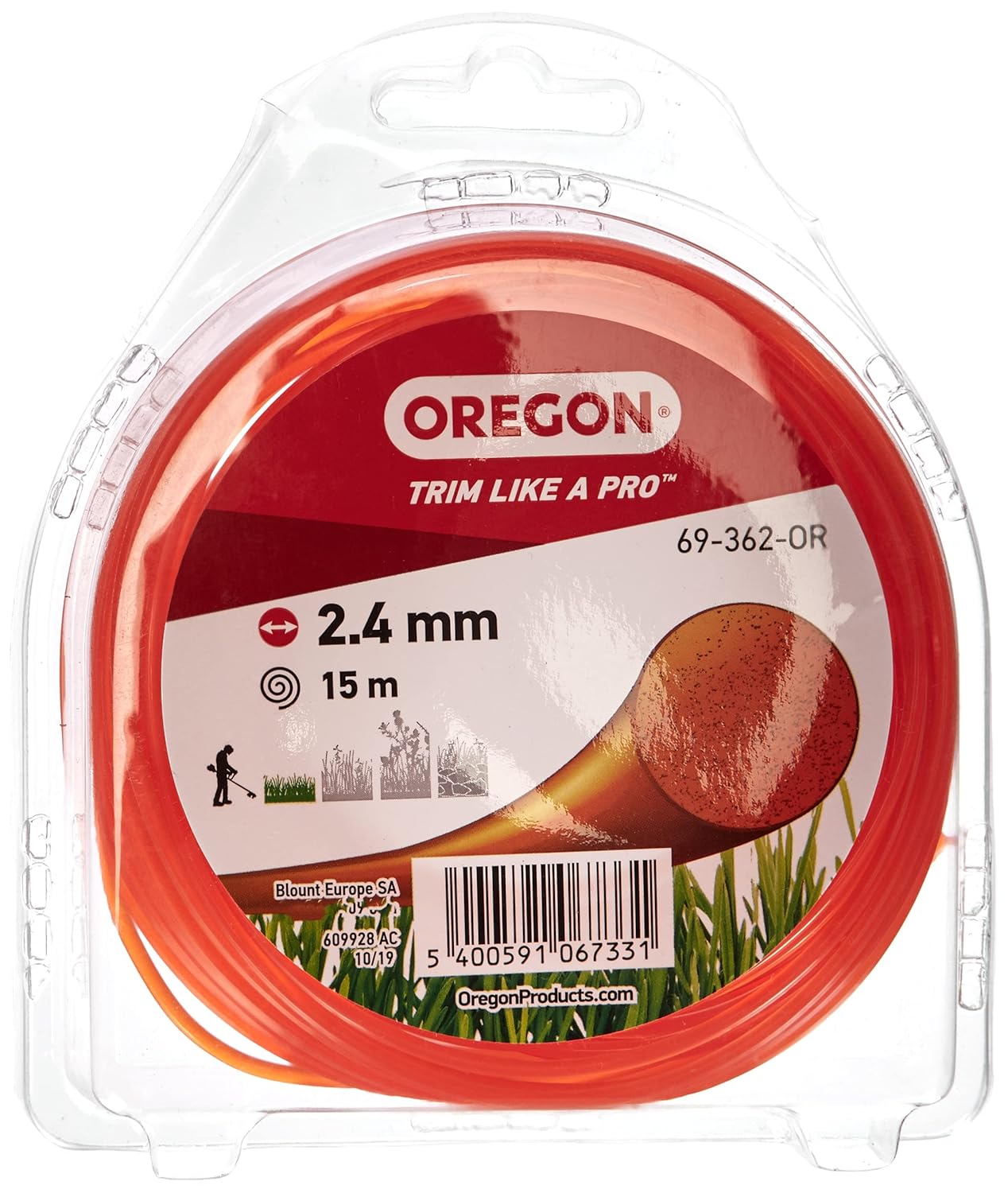 Oregon Yuvarlak çim biçme ipi, 2,4 mm, turuncu, çim, yabani ot, çim ve çiçek tarhları için, bahçe işleri ve çim bakımı, naylon iplik, çoğu çim biçme makinesi için, 2,4 mm x 15 m (69-362-OR)