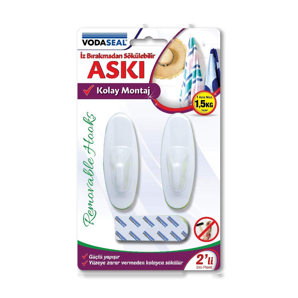 VODASEAL 53.01.080 2'li İz Bırakmaz Büyük Oval Askı, Beyaz