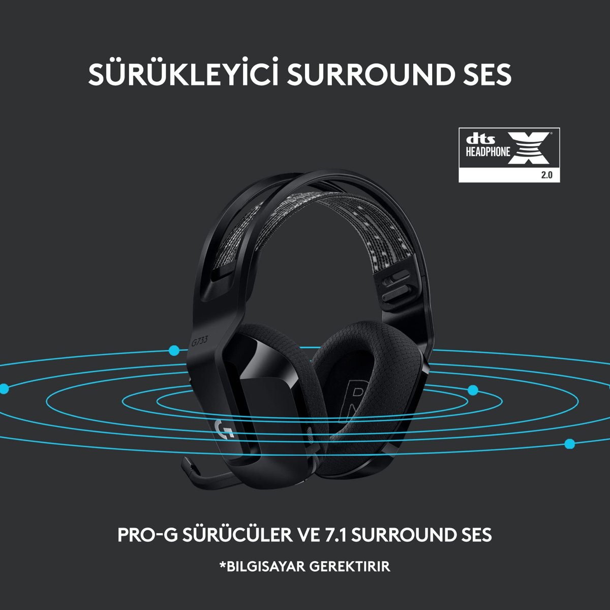 Logitech G G733 LIGHTSPEED Kablosuz Kulak Üstü Oyuncu Kulaklığı, LIGHTSYNC RGB, Blue Voice Mikrofon, Askılı Kafa Bandı, PRO-G Ses Sürücüleri, 29 Saat Pil Ömrü, Siyah