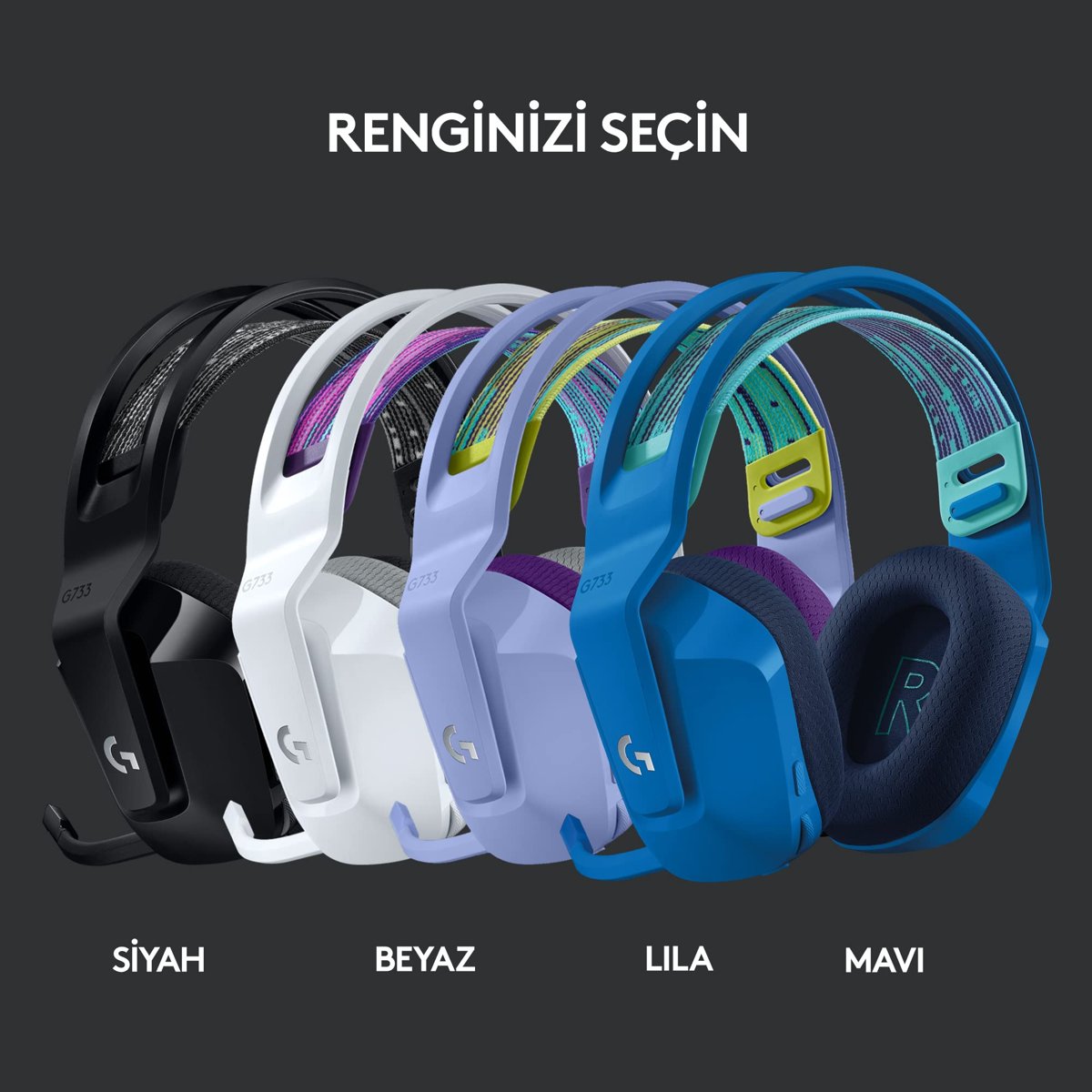 Logitech G G733 LIGHTSPEED Kablosuz Kulak Üstü Oyuncu Kulaklığı, LIGHTSYNC RGB, Blue Voice Mikrofon, Askılı Kafa Bandı, PRO-G Ses Sürücüleri, 29 Saat Pil Ömrü, Siyah