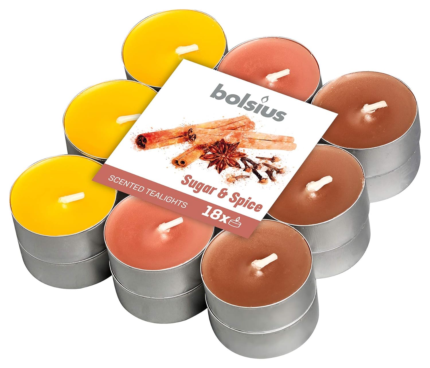 Bolsius Kokulu Tealight Mum, Şeker ve Baharat Kokulu, Karışık Renkli, 18'li Paket, 4 Saatlik Yanma Süresi - Ev Mumu - İç Dekorasyon - Doğal Özler - Doğal Vegan Balmumu İçerir - Palmiye Yağı İçermez