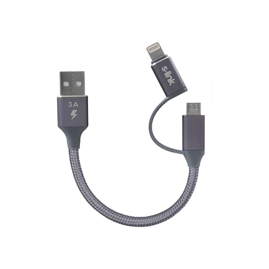 S-link SW-C220 15cm USB Micro/İPhone Kılıflı Metal Gri 2 in 1 Flat Cable
