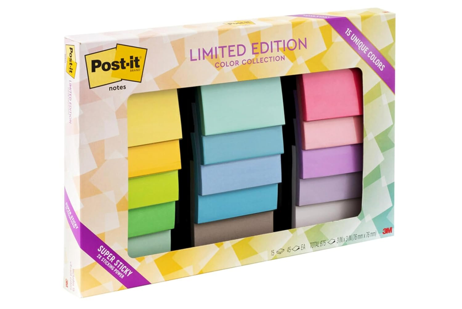 Post-it Notes S n rl retim S per Yap kan Renk Koleksiyonu, 7,62 cm x 7,62 cm, 15 Ped/Paket, 45 Sayfa/Ped (654-15Ssall)