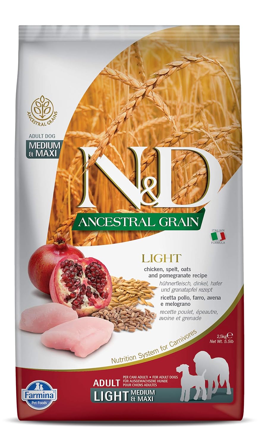 Farmina Pet Foods N&D Ancestral Grain Kuru Köpek Maması, Light Tavuk, Kılçıksız Buğday, Yulaf ve Narlı, Yetişkin Medium ve Maxi, 2.5 kg