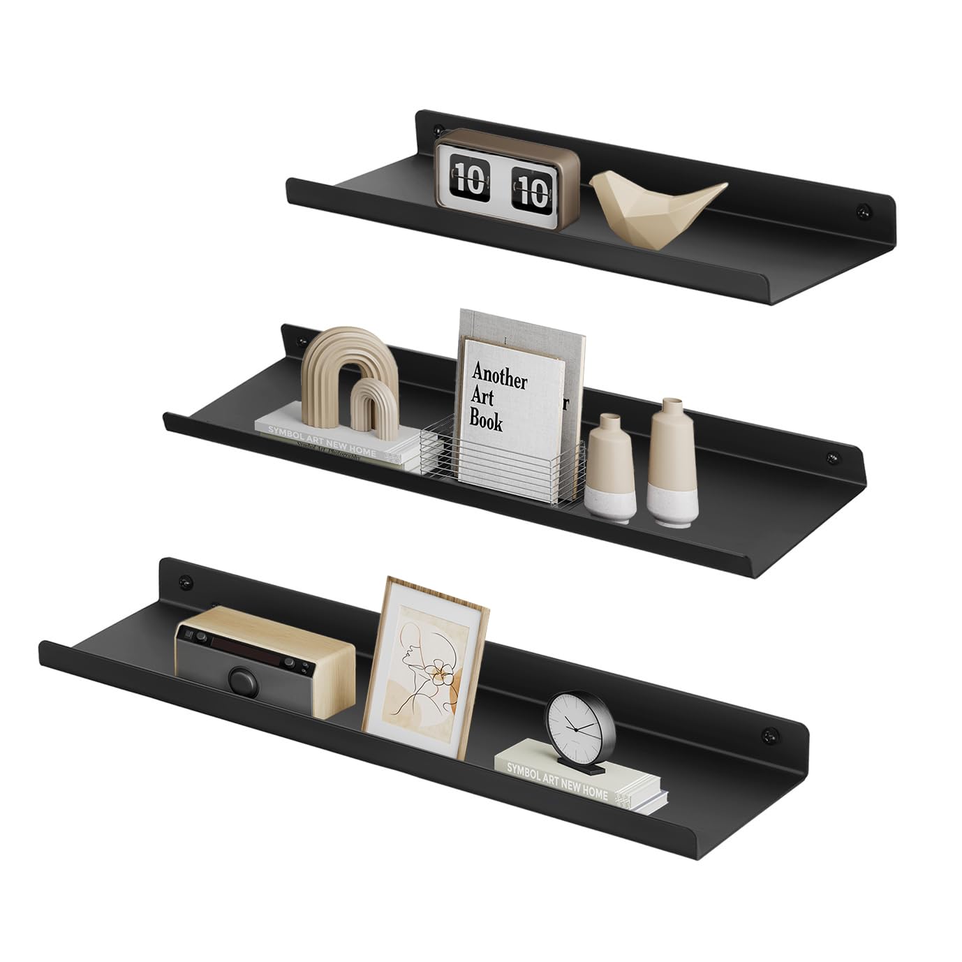 SONGMICS Metal Duvar Rafları, 3'lü Set, Yüzer Raflar, Endüstriyel Tasarım, Duvar Panoları, Dekorasyon için, Resim Çerçeveleri, Rafları Takmak için 6 Vidalı, Farklı Düzenler, Siyah LFS12BK