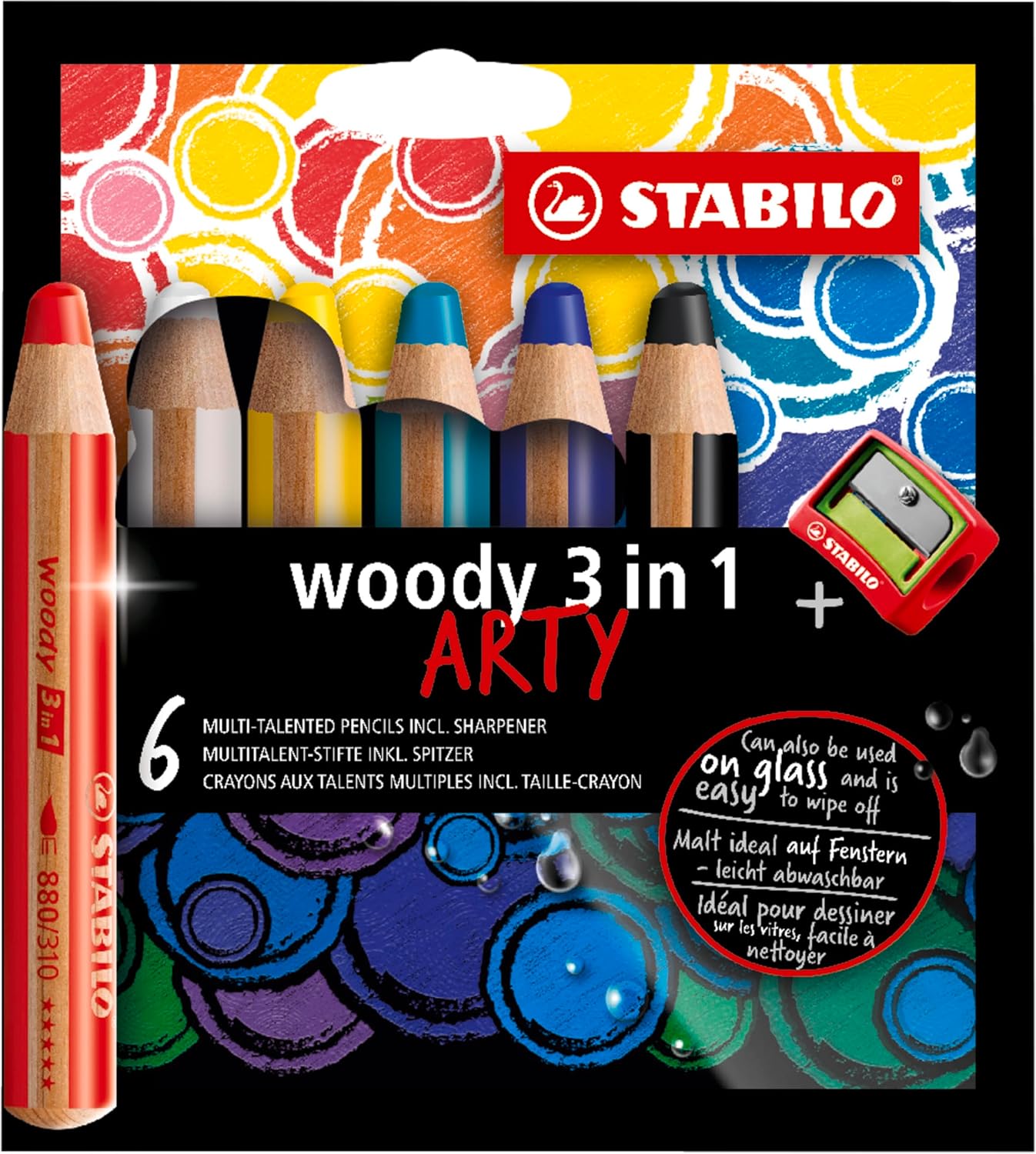 STABILO woody 3'ü 1 arada ARTY - Renkli Kalem, Sulu Boya ve Mum Boya Tebeşiri - 6'lı Paket - Çeşitli Renkler ve Kalemtıraş