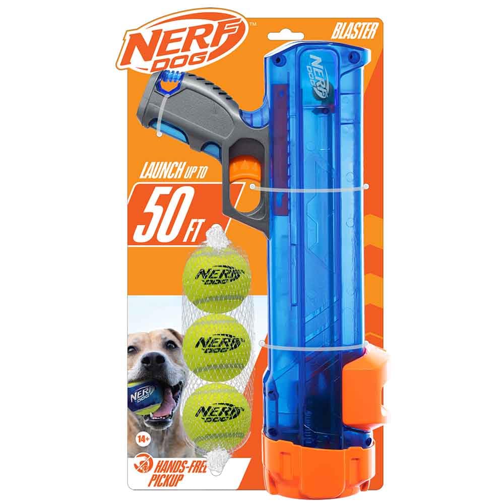 Nerf Dog Kompakt Tenis Topu Blaster Hediye Seti, 3 Toplu, Eller Serbest Yeniden Yükleme, 15,2 metreye kadar fırlatır, Tek Birim, 3 Nerf Topu Dahil, 4791, Şeffaf Mavi