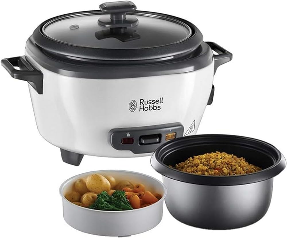 Russell Hobbs Orta Boy Pirinç Pişirici, Paslanmaz Çelik/Beyaz, Yapışmaz kaplama, bulaşık makinesinde yıkanabilir, 300 Watt) 27030-56, bir seferde 6 porsiyon (porsiyon başına 200 grama kadar)