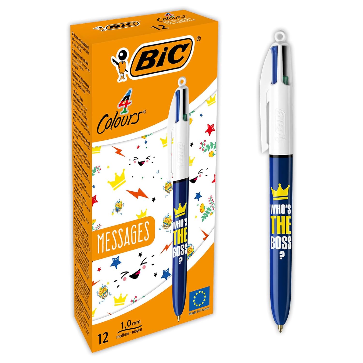 BIC 4 Colours Message Tükenmez Kalem 12'Li Kutu, 1.0mm Uç, Tek Kalemde Mavi, Kırmızı, Yeşil ve Siyah Renkler
