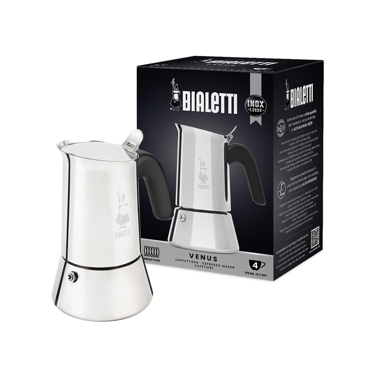 Bialetti - Venus: 4 Cups Ocak Üstü Espresso Pişirici - 170ml - Gümüş Renk - Paslanmaz Çelik Gövde - Patentli Güvenlik Valfi - Tüm Ocak Türleri İçin Uygundur (İndüksiyon Dahil)
