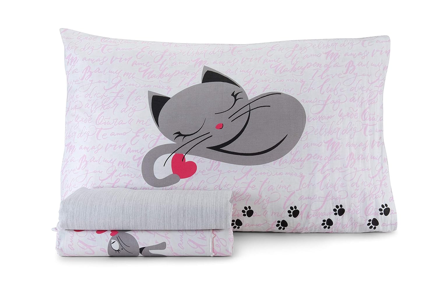 HomeLife-Made in Italy Kittens Tek Nevresim Set Pamuk, | Kediler Tasarım Tek Yatak Seti + Pembe Yastık kılıfı | Gömme Sac 160 x 300 + Köşeler 90 x 200 Yastık 52 x 82 - Pembe, 1P
