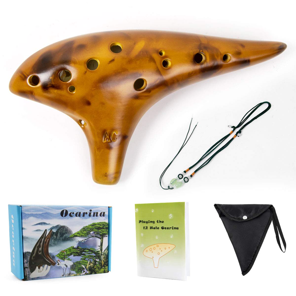 Lotmusic At Seramik Ocarina Enstrümanı, 12 Ton Alto C Şarkı Kitabı Taşıma çantası Teşhir Standı Boyun İpli Boyun Kordonu (Sarı)