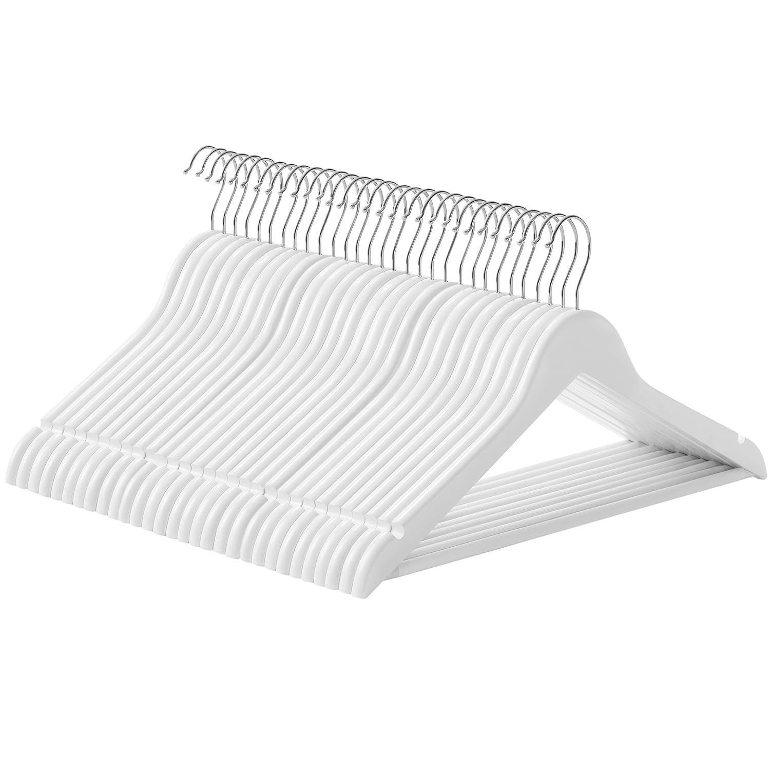 SONGMICS Ahşap Elbise Askısı, 30'lu Set, Masif Ahşap Askılar, Omuz Kısmı Çentikli, Kaymaz Pantolon Askısı, Takım Elbiseler, Gömlekler İçin 360° Döner Kanca, Beyaz - Gümüş, Crw031Wt