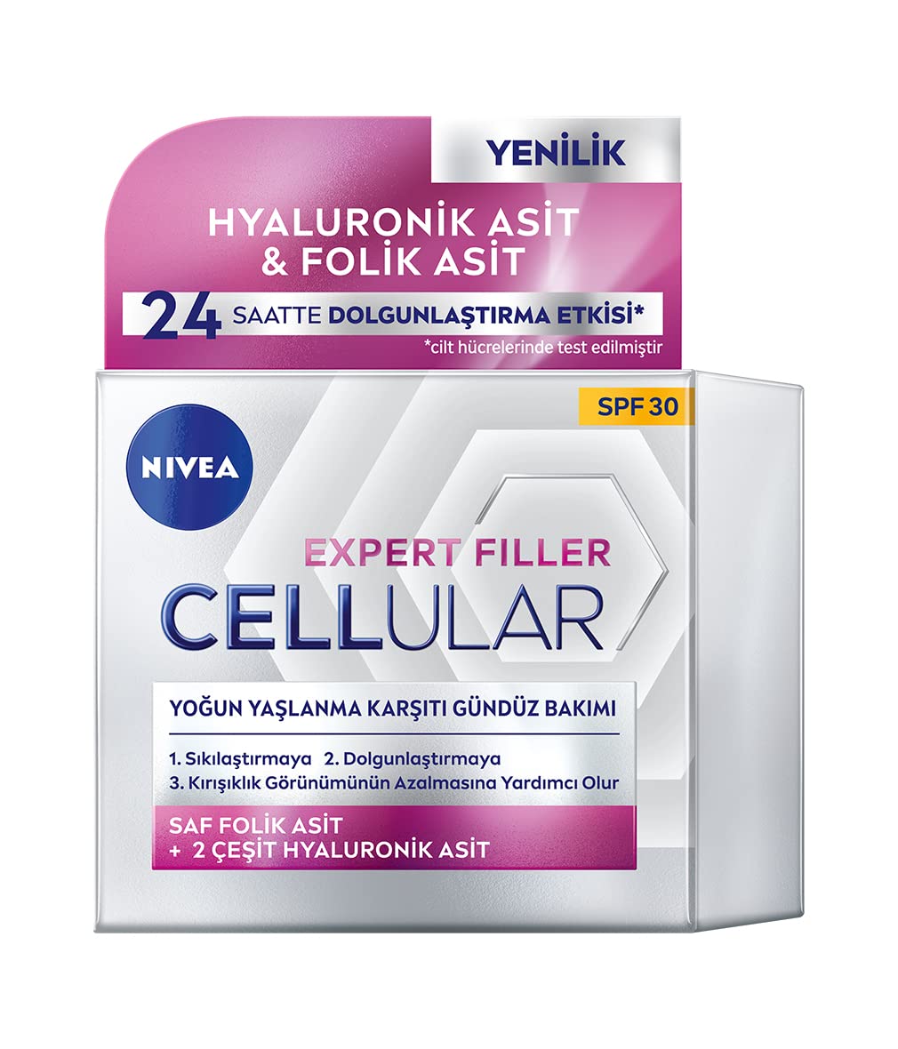 NIVEA Cellular Expert Filler Yoğun Yaşlanma Karşıtı Gündüz Bakım Yüz Kremi 50 ml, Hyaluronik Asit ve Folik Asit, SPF30 Güneş Koruması