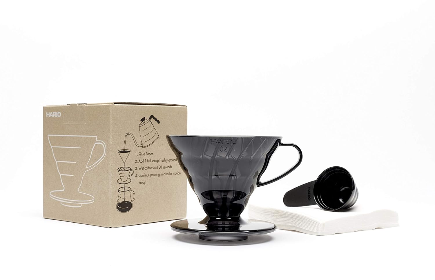 Hario V60 02 Plastik Dripper ve 40’lı Filtre Kağıdı Seti, Siyah Şeffaf