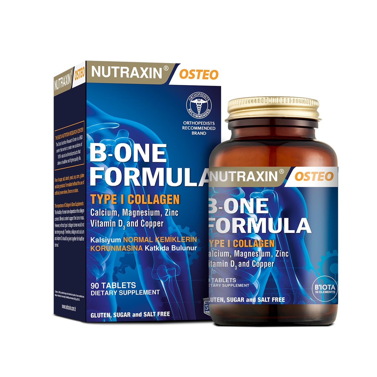 Nutraxin Bone Formula Calcium Magnesium + Collagen – 90 Tablet: Tip I Kolajen, Kalsiyum, D Vitamini, Magnezyum, Çinko & Bakır İçeren Takviye