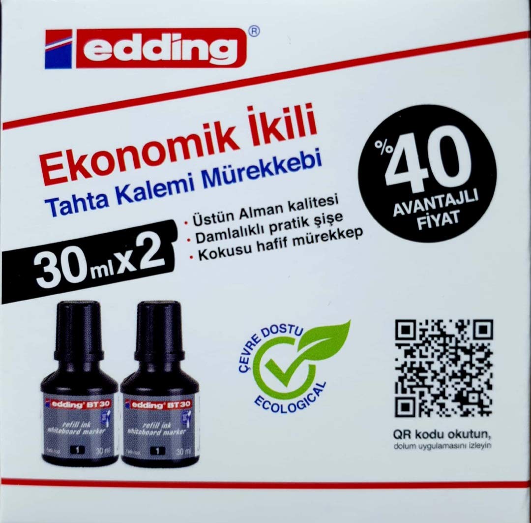 Edding BT 30 beyaz yazı tahtası kalemi yedek mürekkep 2'li kutu, mavi