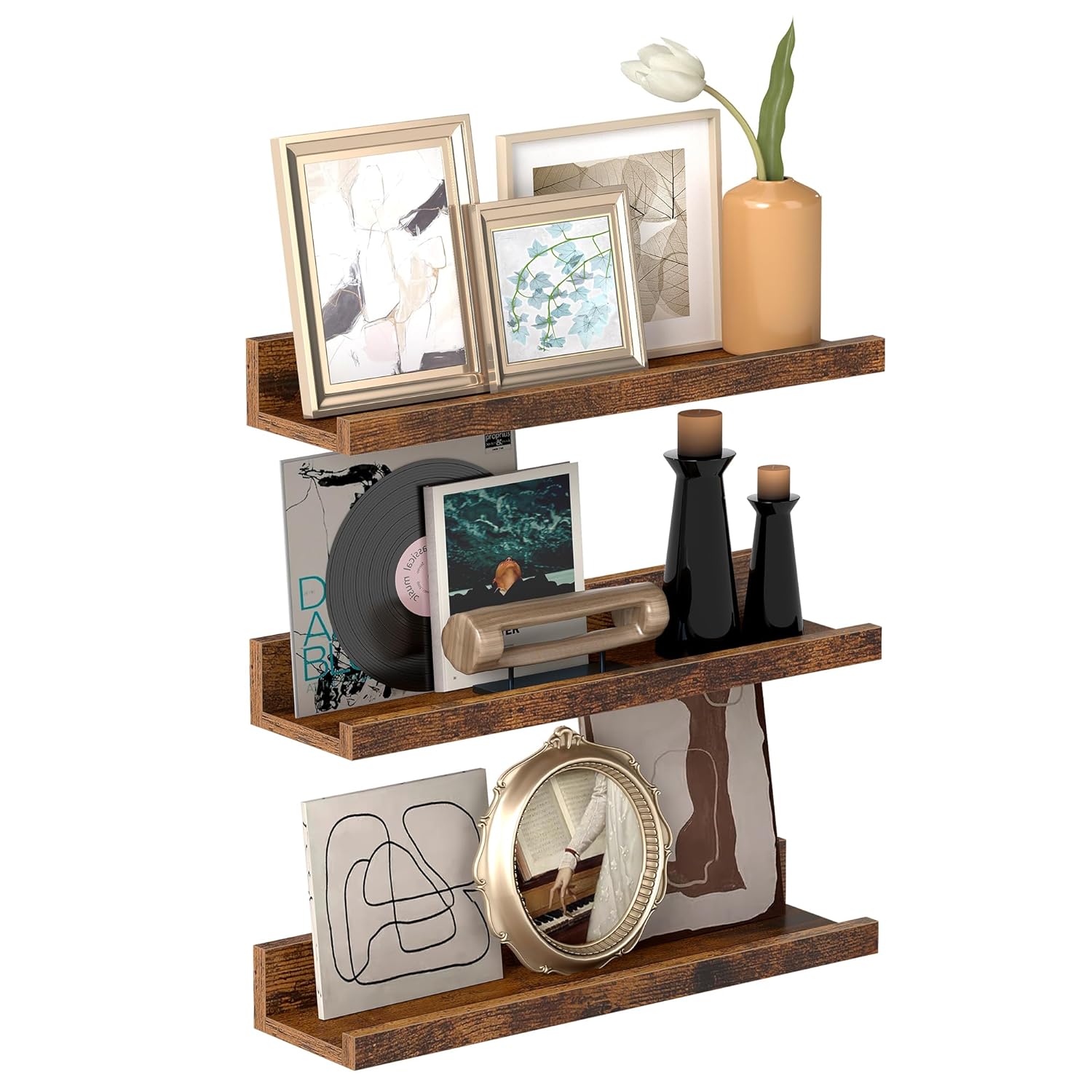 VASAGLE duvar rafları, 3'lü set, yüzer raflar, uzunluk 38 cm, dekoratif öğeler, baharat kavanozları ve resim çerçeveleri için yükseltilmiş ön kenar, eski kahverengi LWS037X01