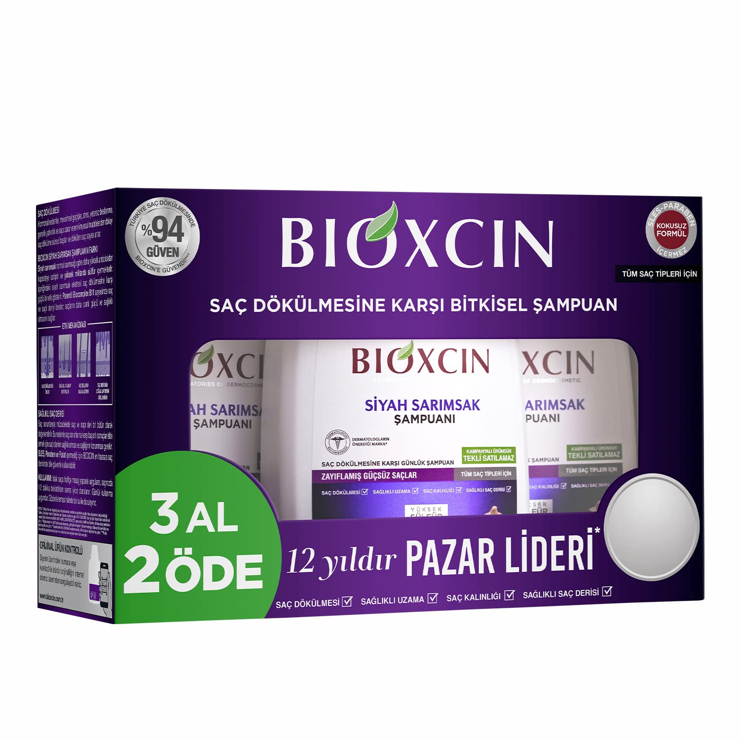 Bioxcin Siyah Sarımsak 3 Al 2 Öde Saç Dökülmesine Karşı Bitkisel Şampuan (3 x 300 ml)