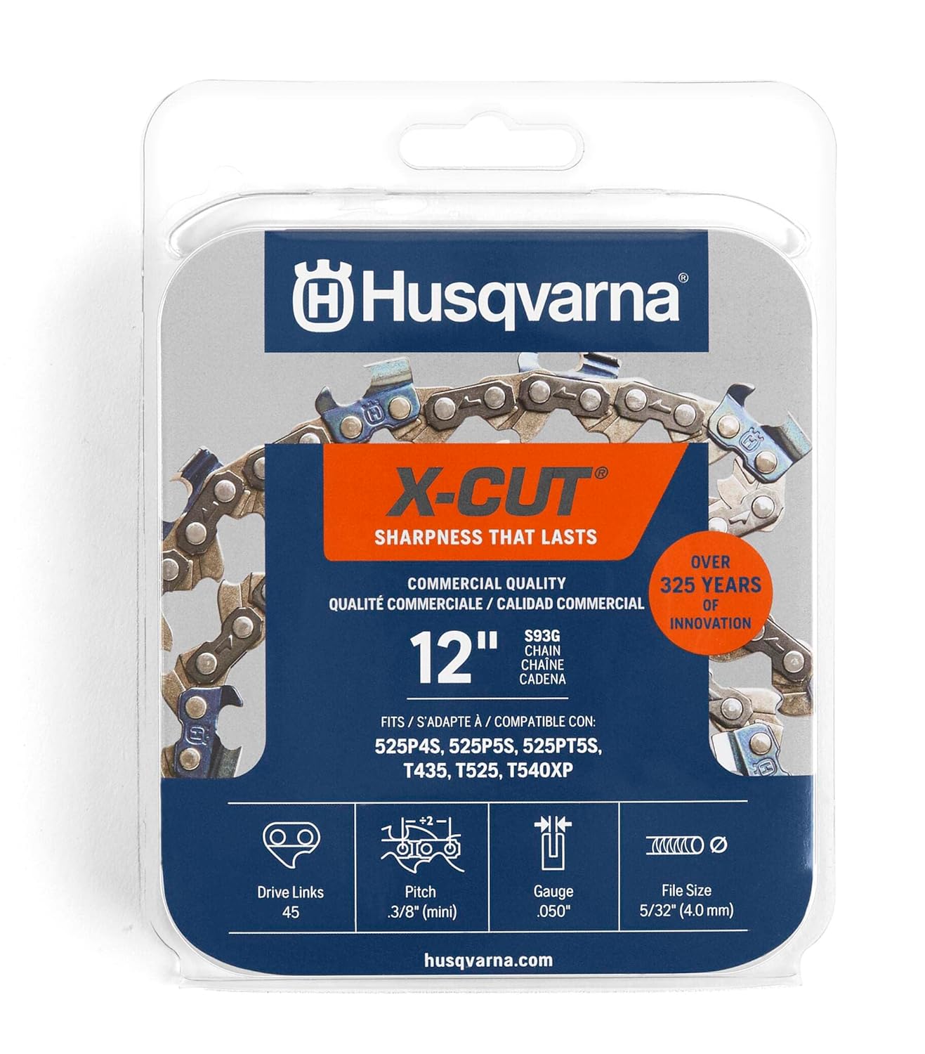 Husqvarna X-Cut S93G 12 İnç Elektrikli Testere Zinciri, 3/8 inç Mini Adım, 50 inç Ölçer, 45 Tahrik Bağlantısı Testere Bıçağı Değiştirme, Önceden Gerilmiş ve Düşük Geri Tepme, Gri
