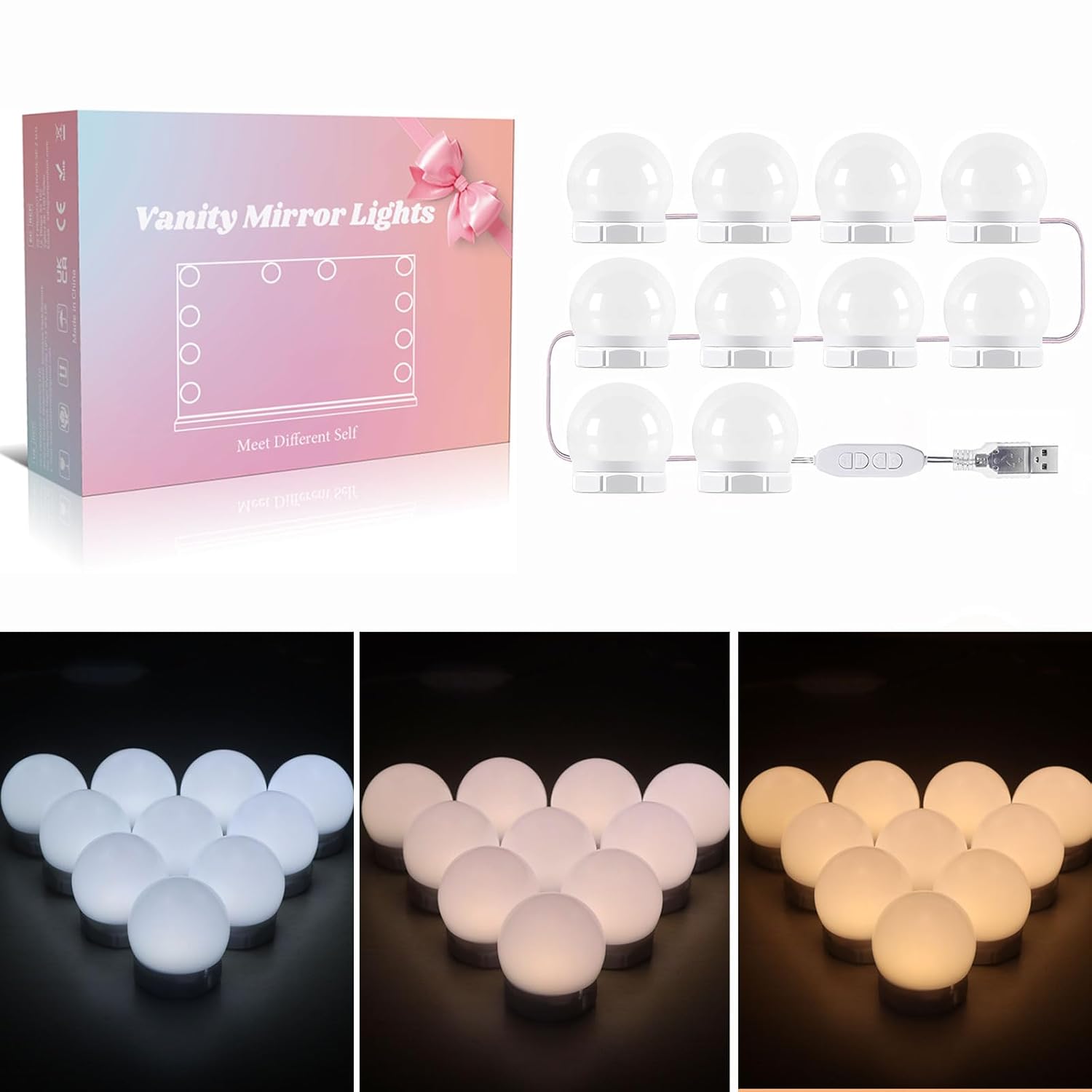 Akynite Ayna lambası, USB, LED ayna lambası, Hollywood tarzı, şalterli, 10 x kısılabilir makyaj ışığı, makyaj ışığı, 3 renk modu ve 10 parlaklık, makyaj masası için ayna aydınlatması, kozmetik aynası