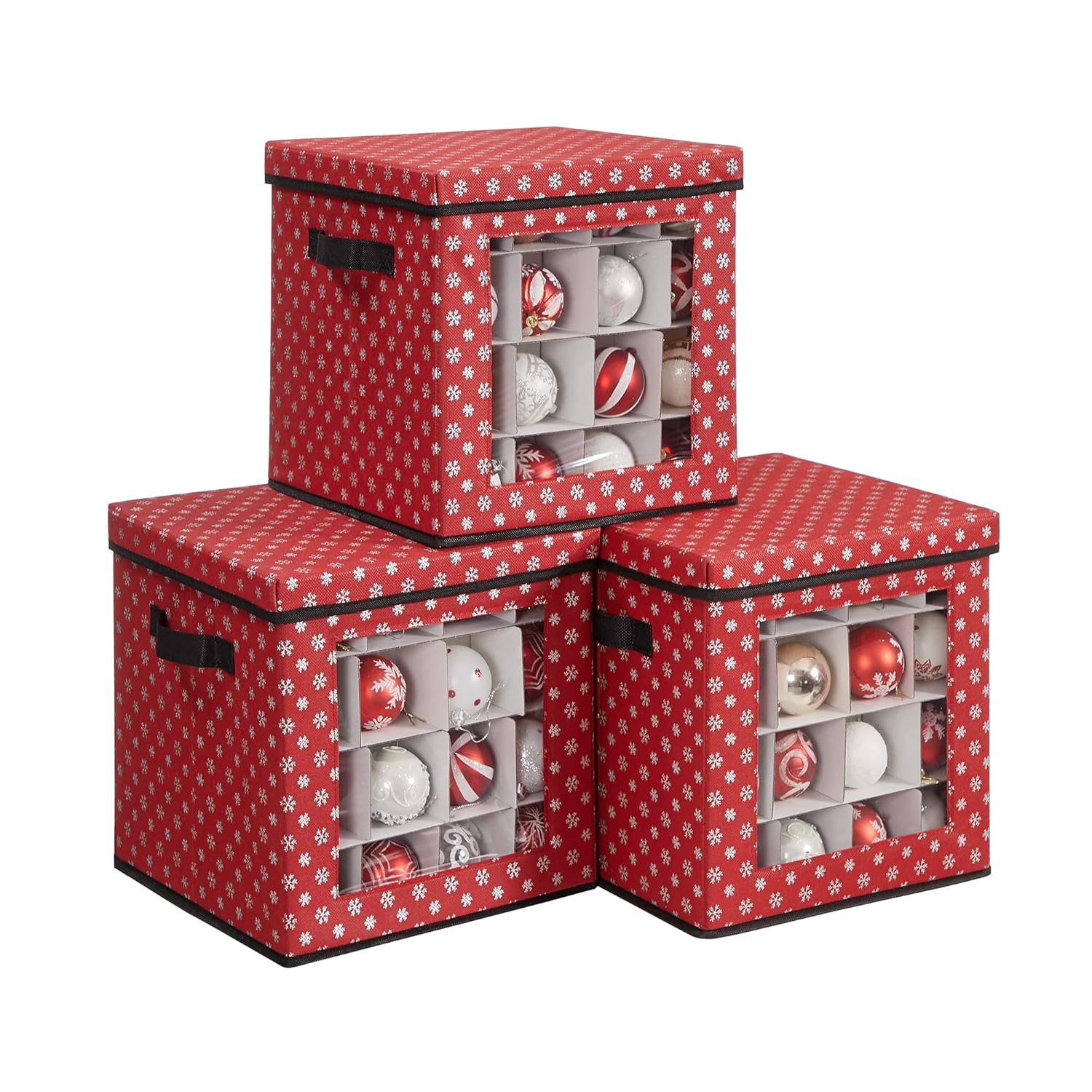 SONGMICS saklama kutuları, 3'lü set, katlanır kutular, kutu başına 64 küçük bölme, esnek ayırma duvarları, 30,5 x 30,5 x 30,5 cm, kırmızı, kar tanesi desenli RFB029R01