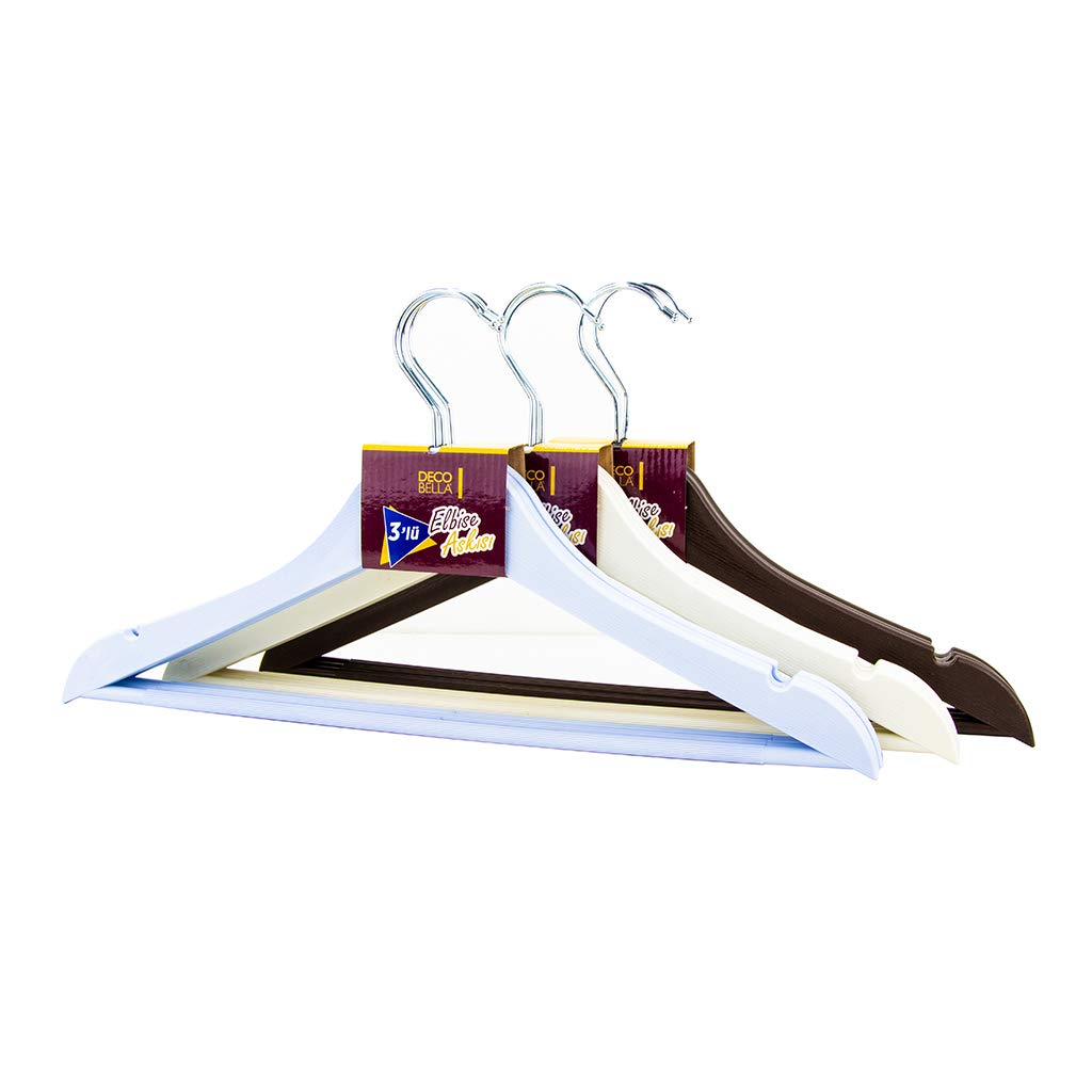 DecoBella 3'lü Ahşap Görünümlü Plastik Askı, 44 x 23 x 3 cm